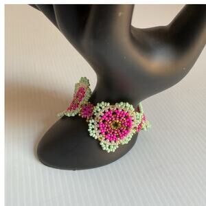 Handmade Beaded Bracelet Pink & Mint Floral Design Huichol Style Artisan New